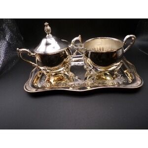 Vintage Silver Plated Sugar Creamer Tray Set Ornate Floral Etched‎